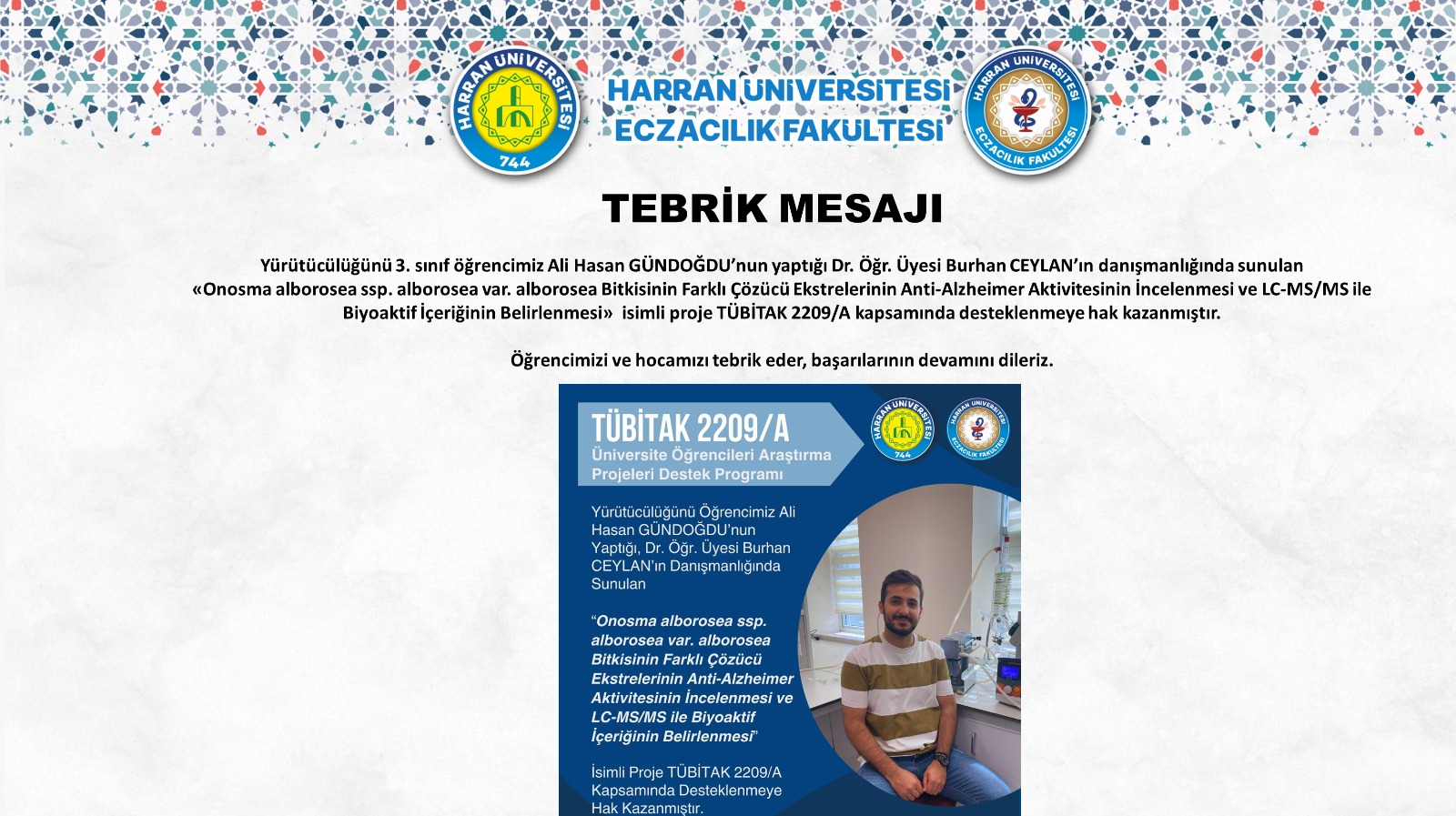 Tebrik Mesajı: TÜBİTAK 2209/A Projesi